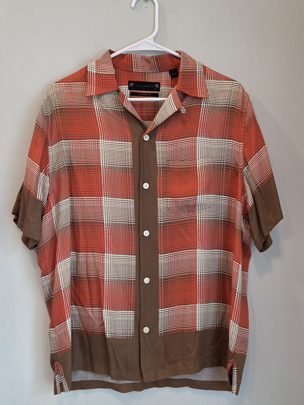 AllSaints Orange & Brown Plaid Camp Shirt